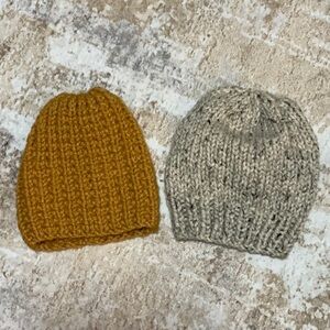 Knit Winter Hat Combo - Mustard Yellow And Cream